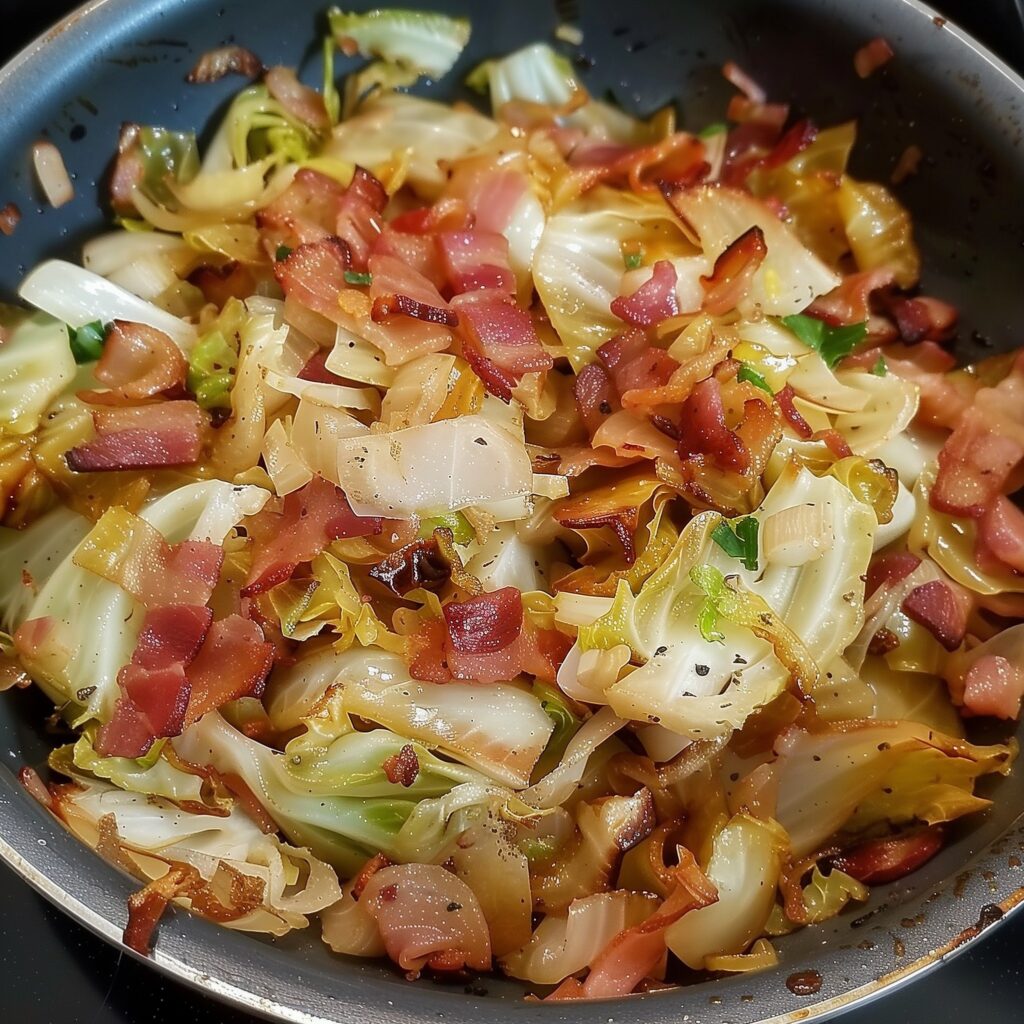 Fried cabbage with bacon and onion recipe