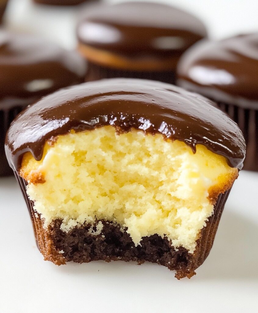 Boston Cream Filled Vanilla Cupcakes with Silky Chocolate Ganache