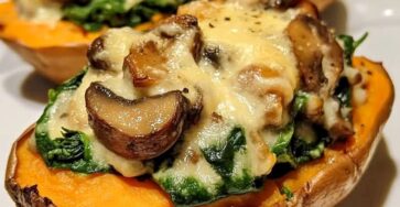 Stuffed sweet potatoes with spinach, mushrooms & cheese