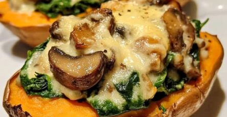Stuffed sweet potatoes with spinach, mushrooms & cheese