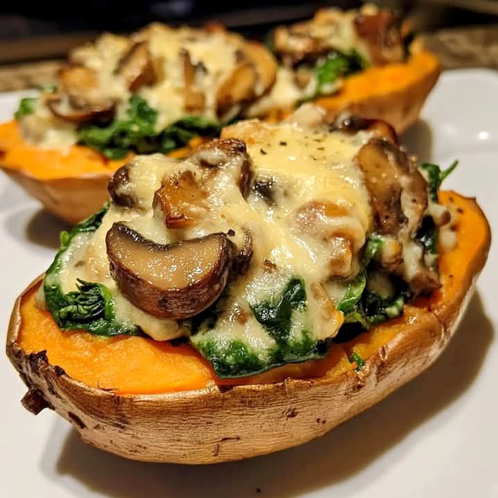 Stuffed sweet potatoes with spinach, mushrooms & cheese