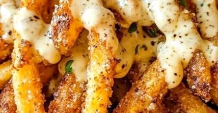 Garlic Parmesan Truffle Fries with Creamy Cheese Sauce