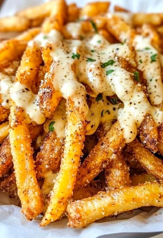 Garlic Parmesan Truffle Fries with Creamy Cheese Sauce