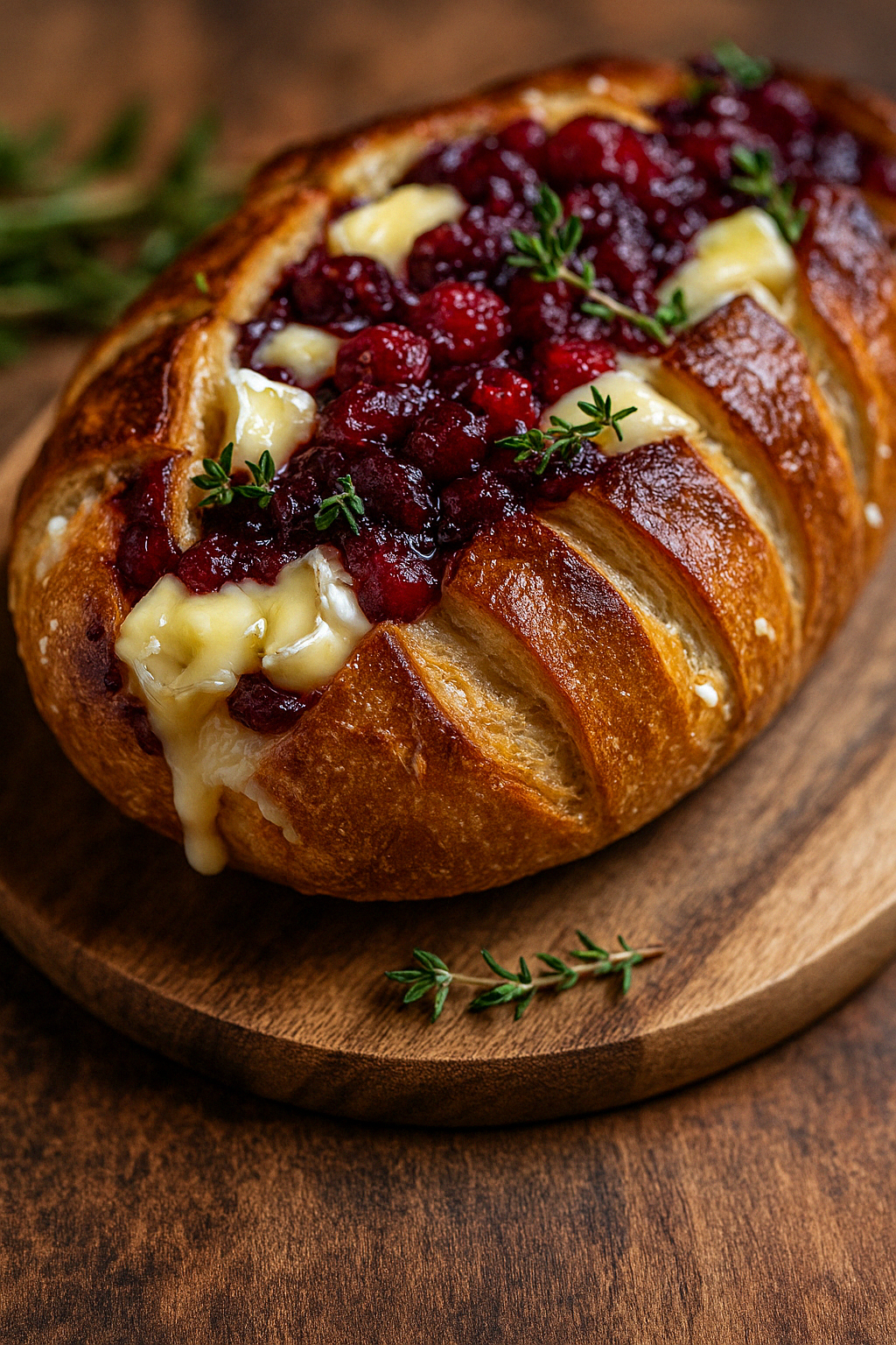 Garlic Herb Sourdough Bread Stuffed with Brie & Cranberry