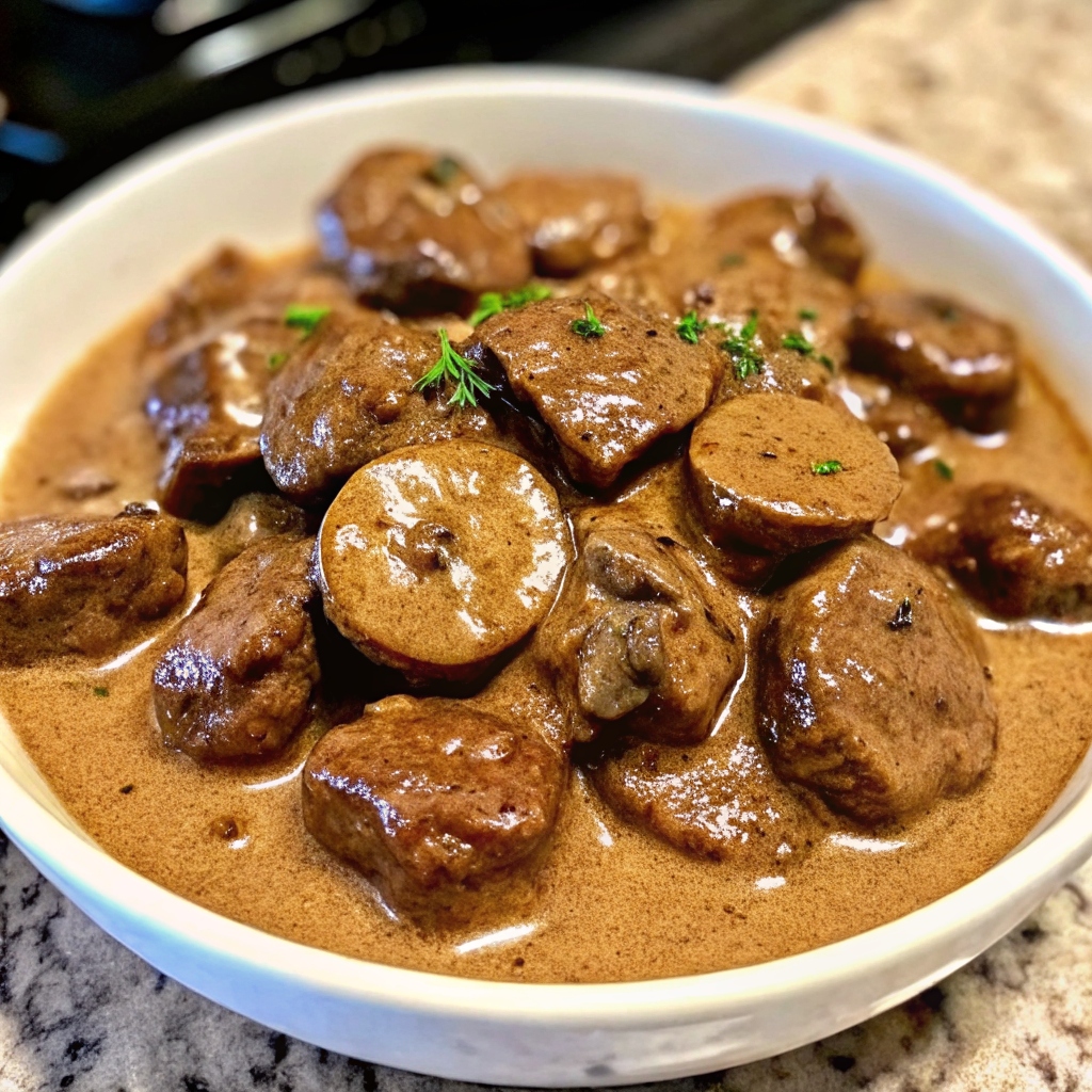 Creamy Crockpot Beef Tips & Mushrooms