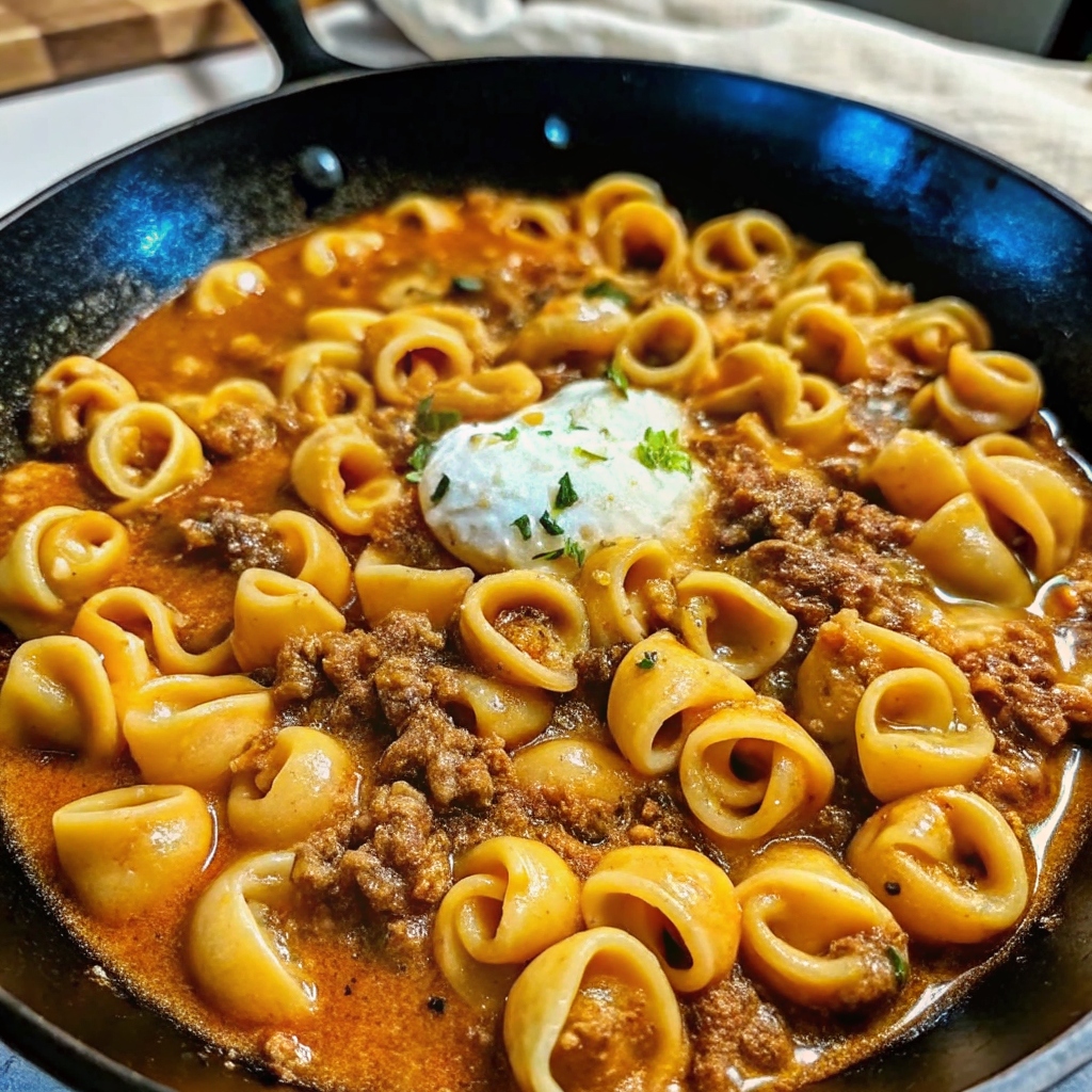 Skillet Beef Stroganoff Tortellini in Creamy Sauce