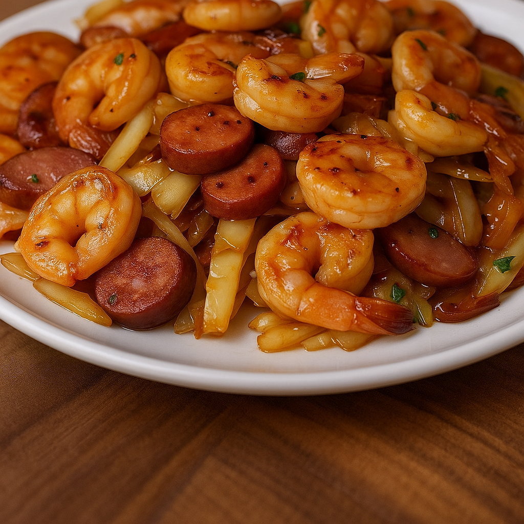 Fried Cabbage with Shrimp Sausage & Bacon