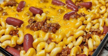 Cheesy Chili Mac Casserole with Mini Hot Dogs