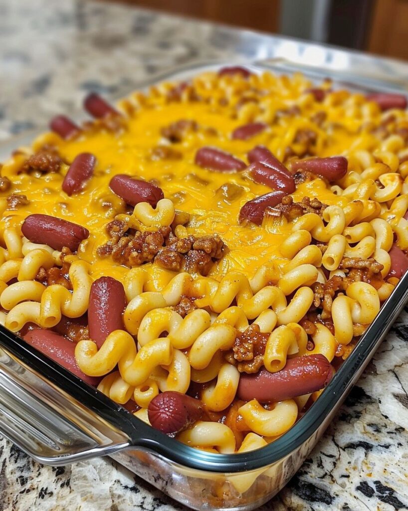 Cheesy Chili Mac Casserole with Mini Hot Dogs