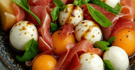 Melon Prosciutto Mozzarella & Basil Salad