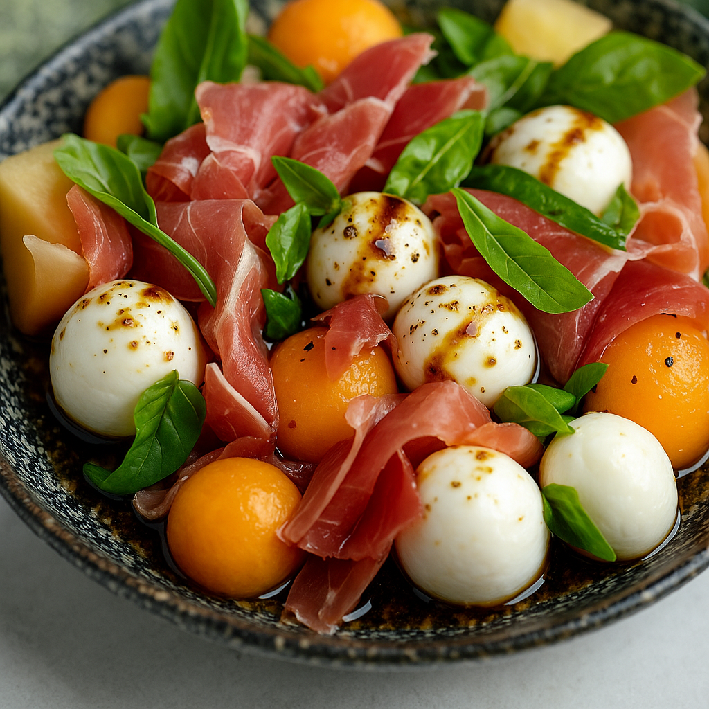 Melon Prosciutto Mozzarella & Basil Salad