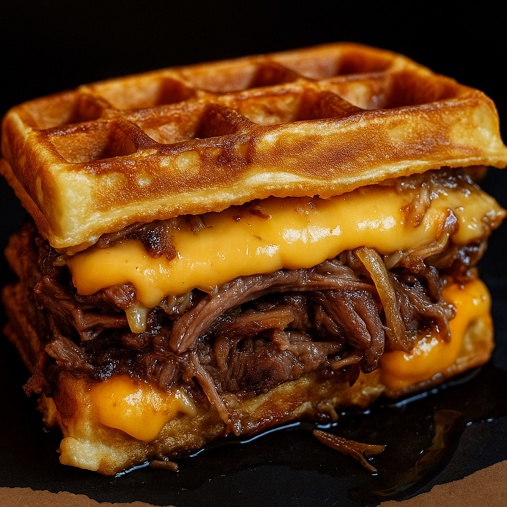 Bourbon-Maple Brisket Grilled Cheese Wafflewich
