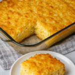 "Golden-baked hash brown casserole in a 9x13 baking dish"