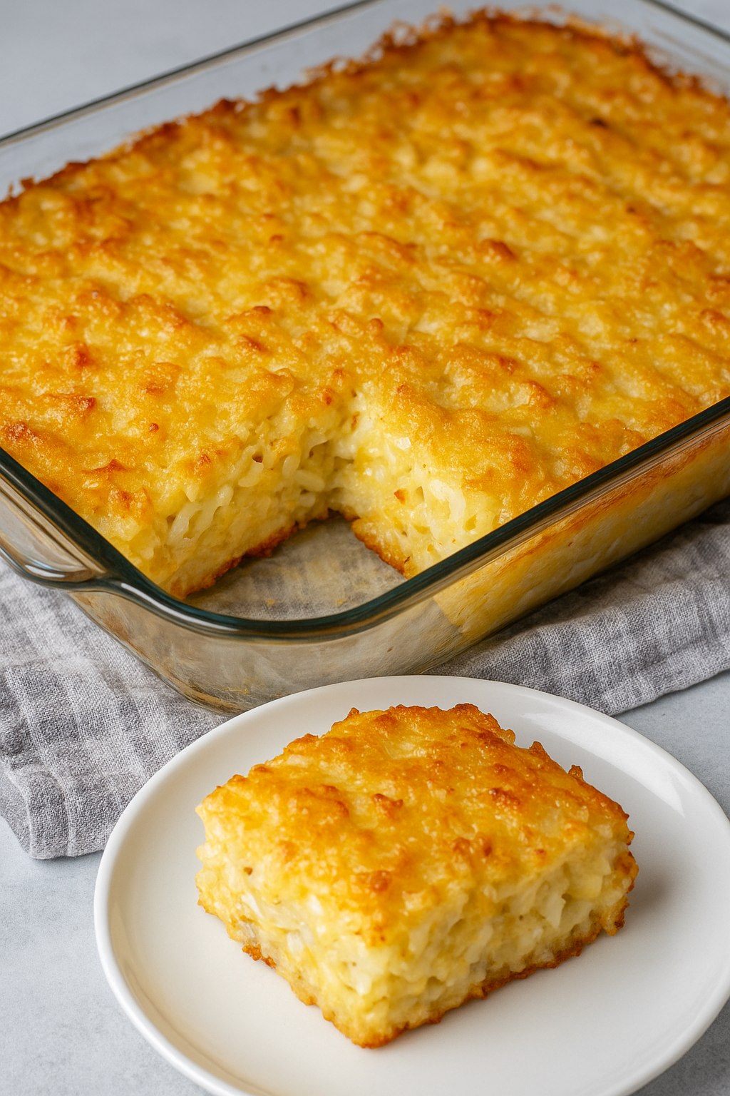 "Golden-baked hash brown casserole in a 9x13 baking dish"
