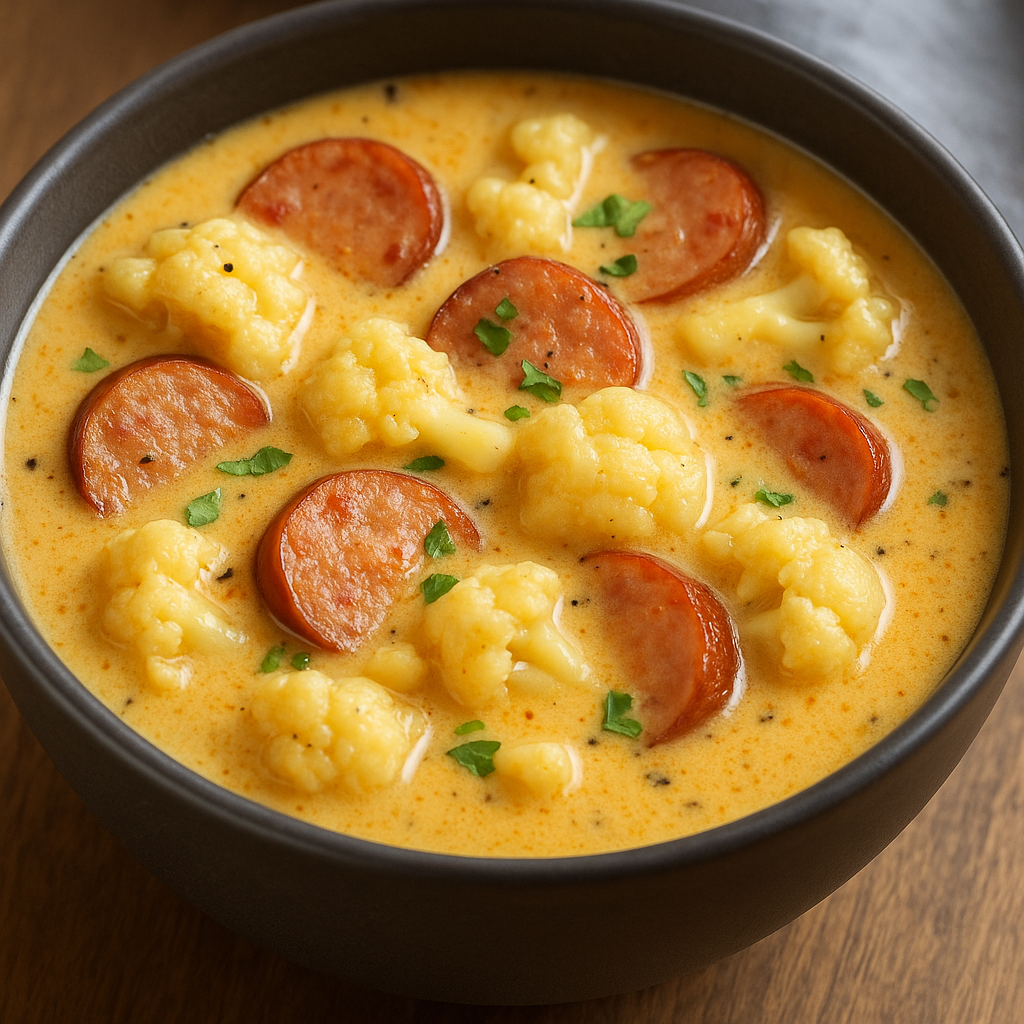 This Keto Kielbasa Soup with Cauliflower is a hearty, low-carb comfort food made with smoky sausage, creamy broth, and tender cauliflower—perfect for keto, gluten-free, and weeknight meals.