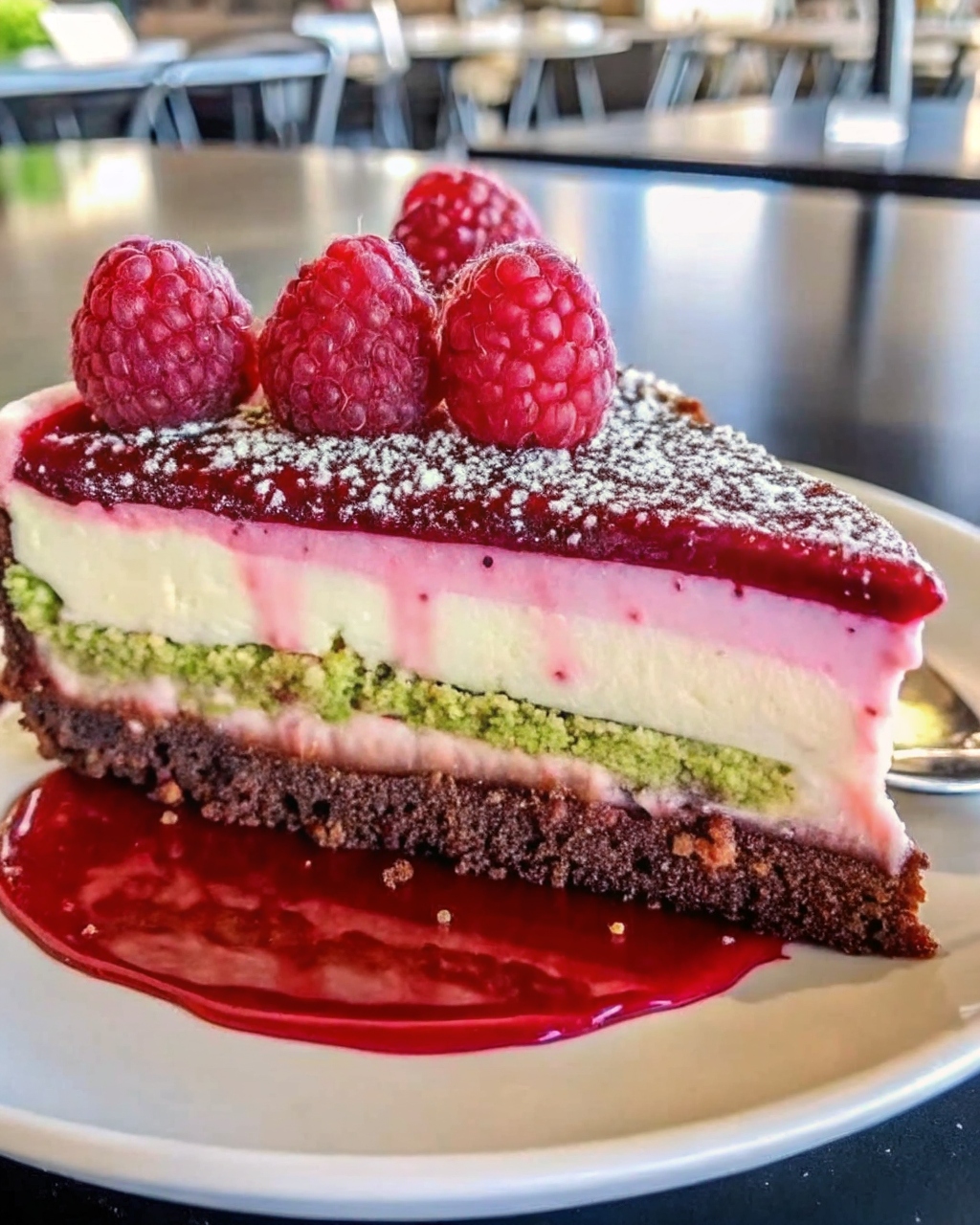 Elegant Pistachio Raspberry Crunch Cheesecake