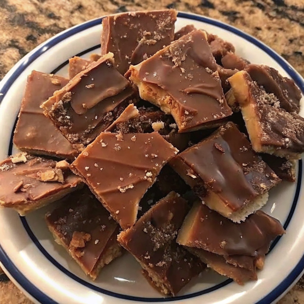 "Easy chocolate toffee bark broken into pieces on a parchment-lined baking sheet"