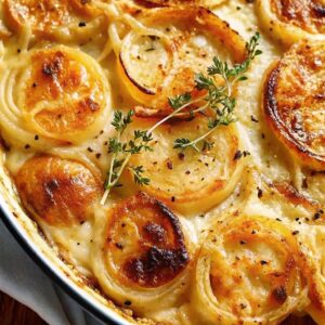 Baked Tennessee Onions topped with melted Italian blend, cheddar, and Parmesan cheese in a casserole dish