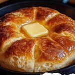 "Golden brown no-oven stovetop bread with melted butter on top, cooked in a cast-iron skillet — easy homemade bread without yeast or oven."