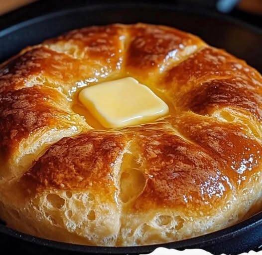 "Golden brown no-oven stovetop bread with melted butter on top, cooked in a cast-iron skillet — easy homemade bread without yeast or oven."