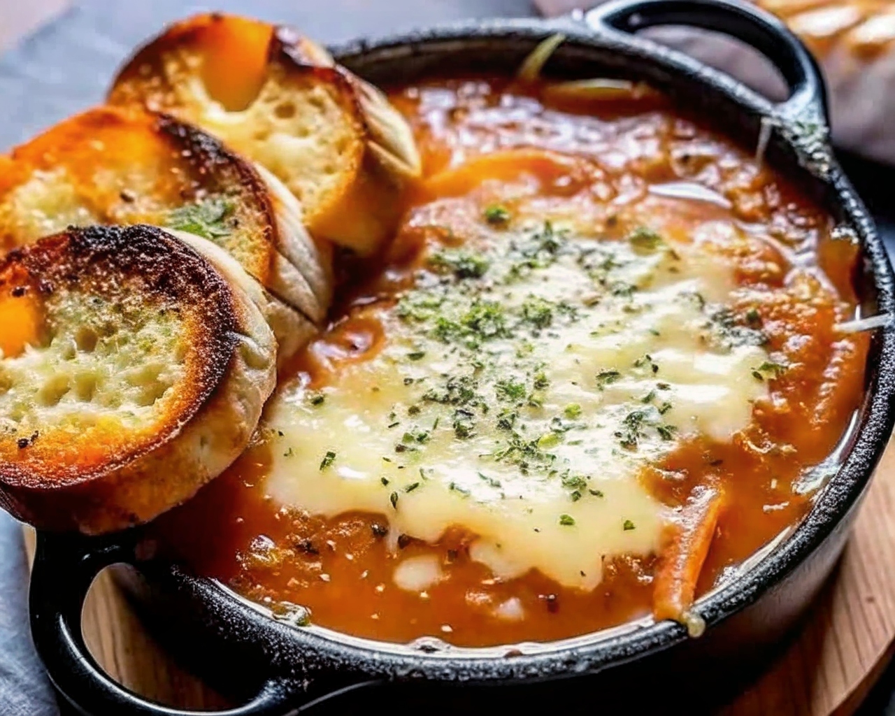Classic French Onion Soup with Melted Cheese Toast
