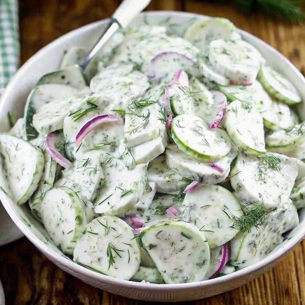 Creamy Cucumber Salad with Dill and Red Onion