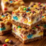 Fruity Pebbles Cookie Cheesecake Bars