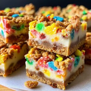 Fruity Pebbles Cookie Cheesecake Bars