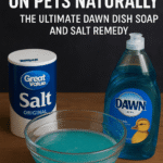 Bowl of blue Dawn dish soap and salt solution placed on a wooden surface beside a container of table salt and a bottle of Dawn dish soap, with text overlay about natural flea remedies for pets.