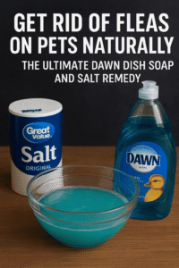 Bowl of blue Dawn dish soap and salt solution placed on a wooden surface beside a container of table salt and a bottle of Dawn dish soap, with text overlay about natural flea remedies for pets.