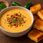 A creamy bowl of spicy jalapeño popper soup topped with bacon, jalapeño slices, and chives, served with golden grilled cheese dippers.