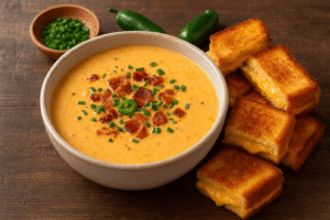A creamy bowl of spicy jalapeño popper soup topped with bacon, jalapeño slices, and chives, served with golden grilled cheese dippers.