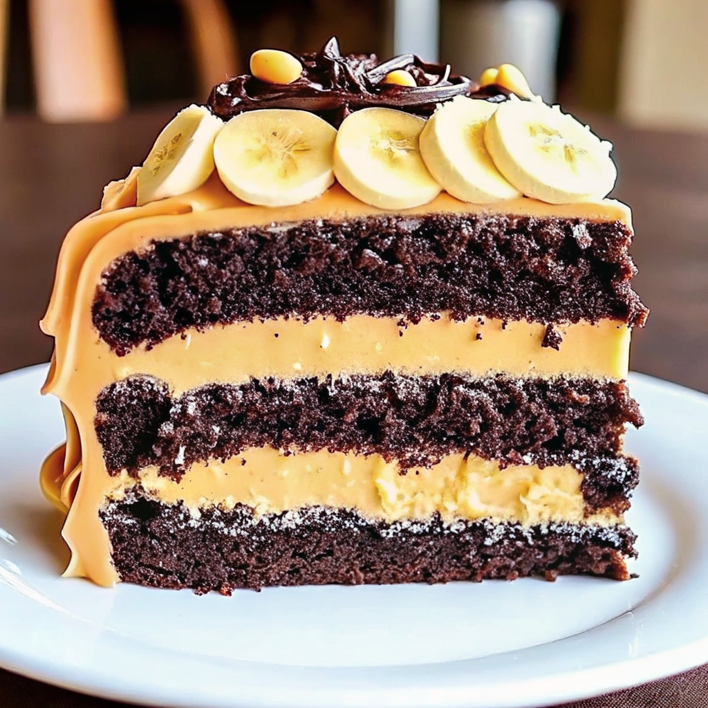 Double Chocolate Banana Layer Cake topped with creamy chocolate frosting and garnished with chocolate shavings and banana slices