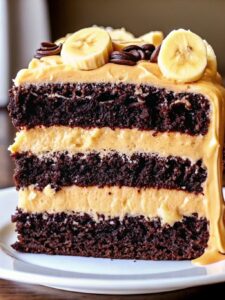 Double Chocolate Banana Layer Cake topped with creamy chocolate frosting