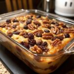 “Traditional capirotada with extra pecans and raisins, layered with cheese and drizzled with piloncillo syrup in a baking dish”
