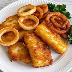 Homemade golden onion rings served with perfectly fried crispy cod