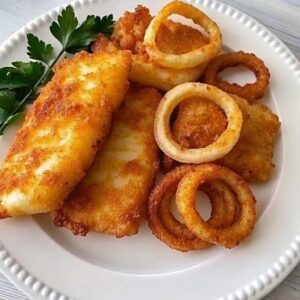 Golden crispy cod fillets with crunchy golden onion rings on a platter
