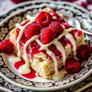 Raspberry Shortbread Cookies with a buttery base, filled with raspberry preserves, and drizzled with melted white chocolate