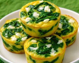 Spinach and feta egg muffins freshly baked in a muffin tin, golden brown on top with visible spinach and feta pieces.