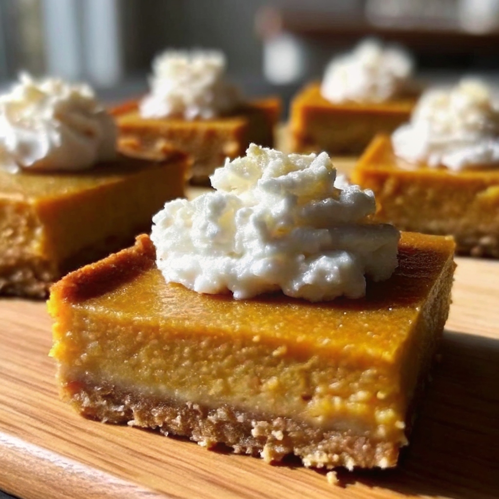 Pumpkin pie bars topped with whipped cream on a white plate