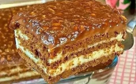 No-Bake Biscuit Pudding Cake with Caramel Nut Topping