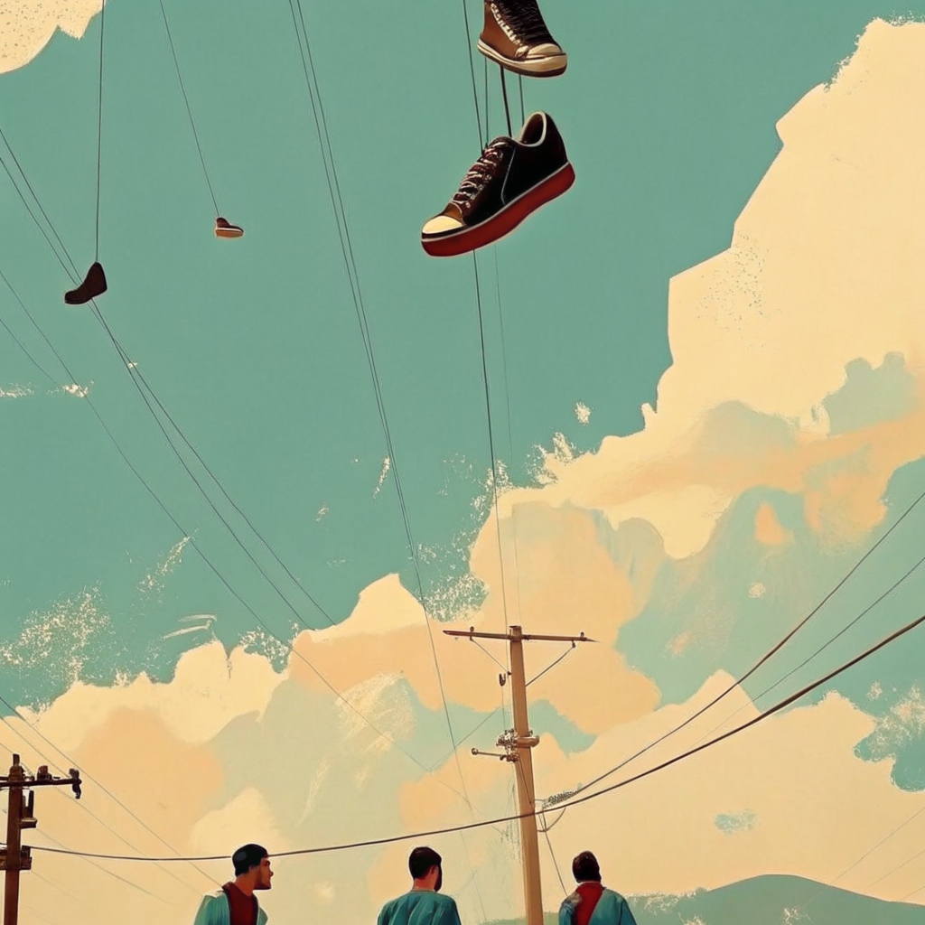 shoes hanging from power lines